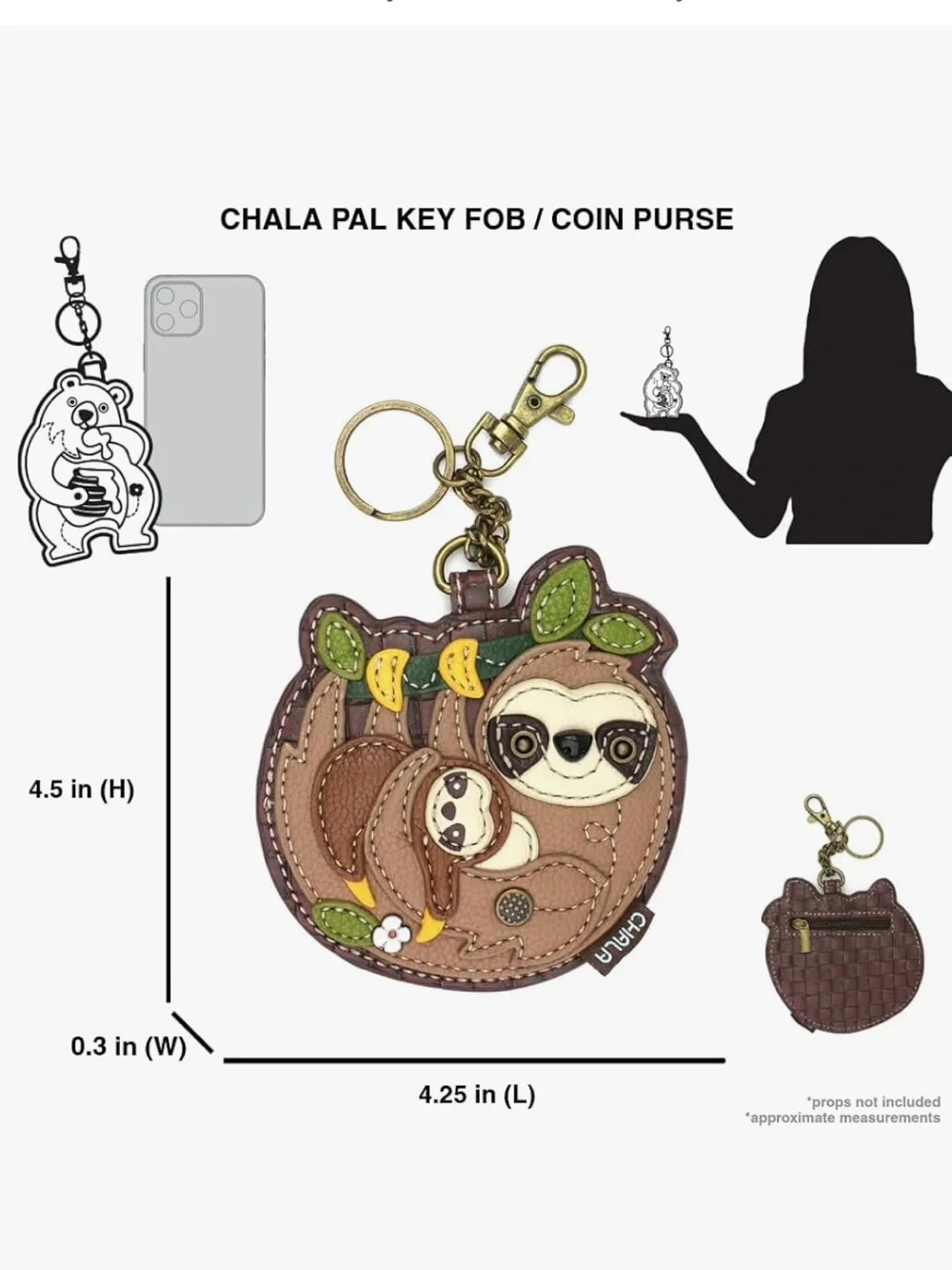 Chala Sloth Family Appliqué Key Fob Coin Purse NWT